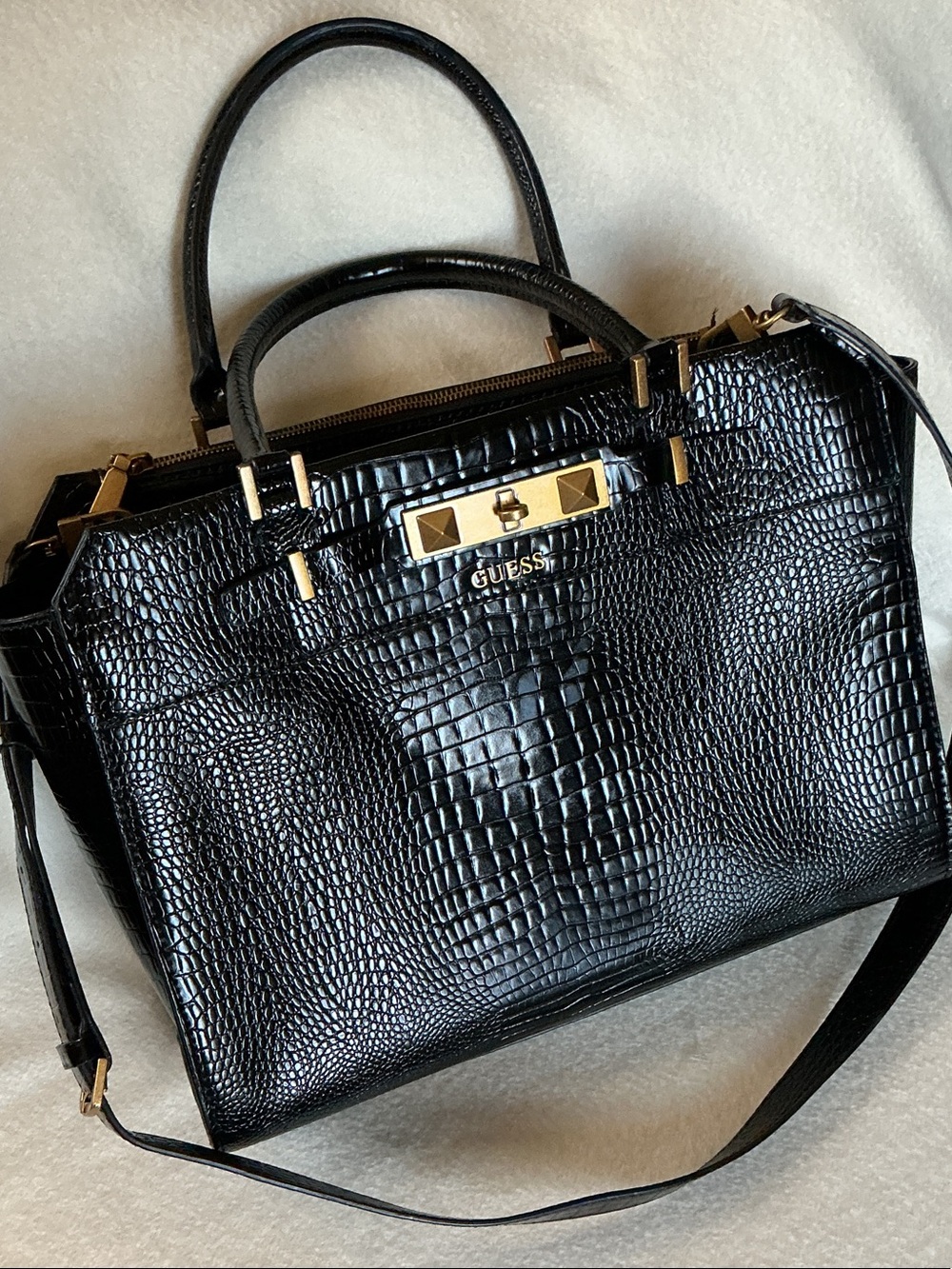 GUESS Black Croc-Embossed Satchel with Gold Accents